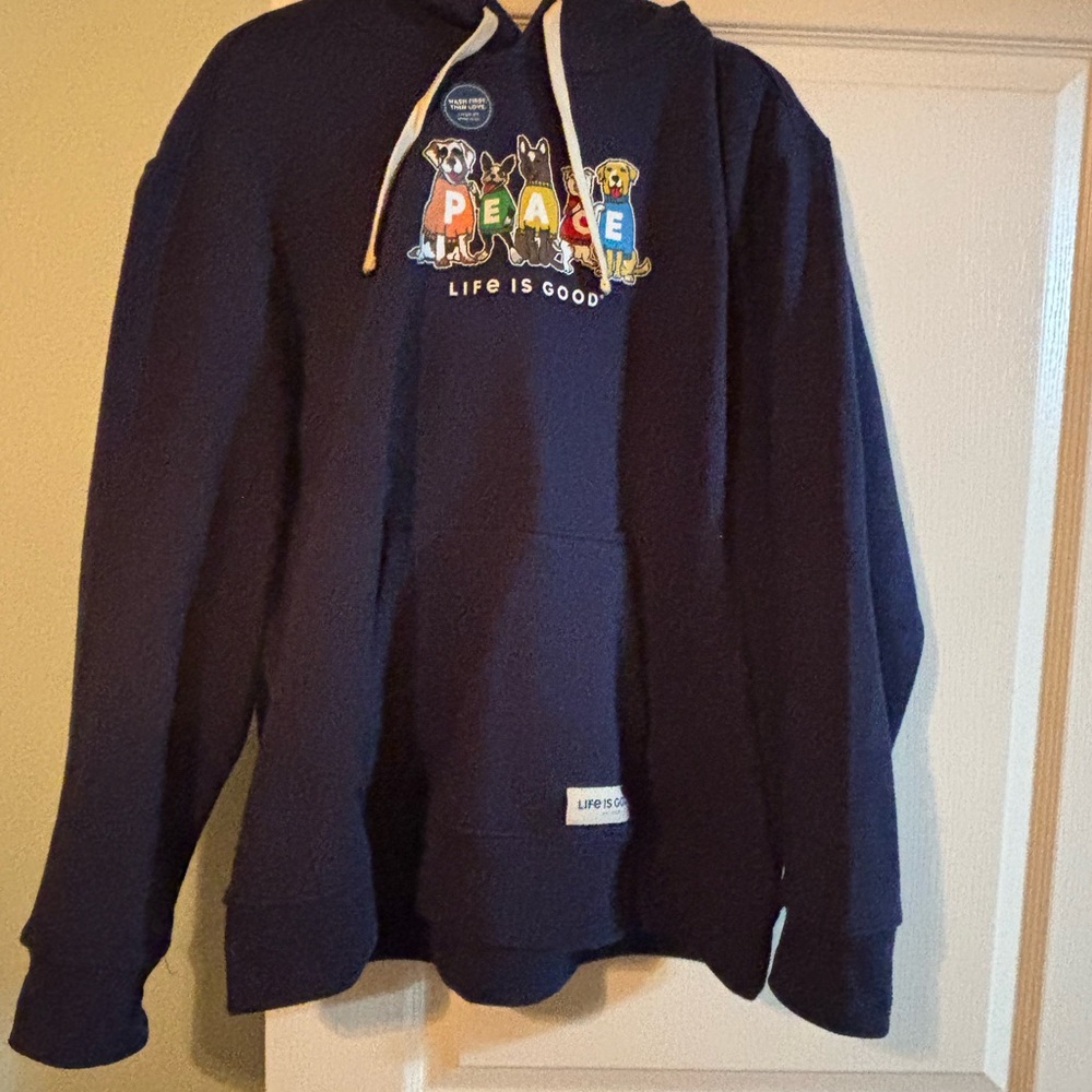 Life is Good Navy Hoodie with Peace Dog Graphic